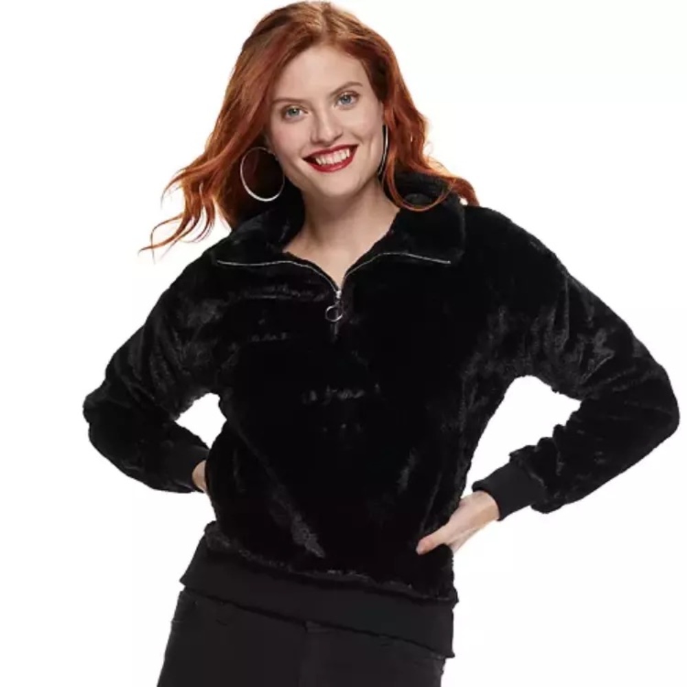 Nine West Womens Faux Fur Mock Neck Half Zip Sweater Pullover Black Sz Large NEW